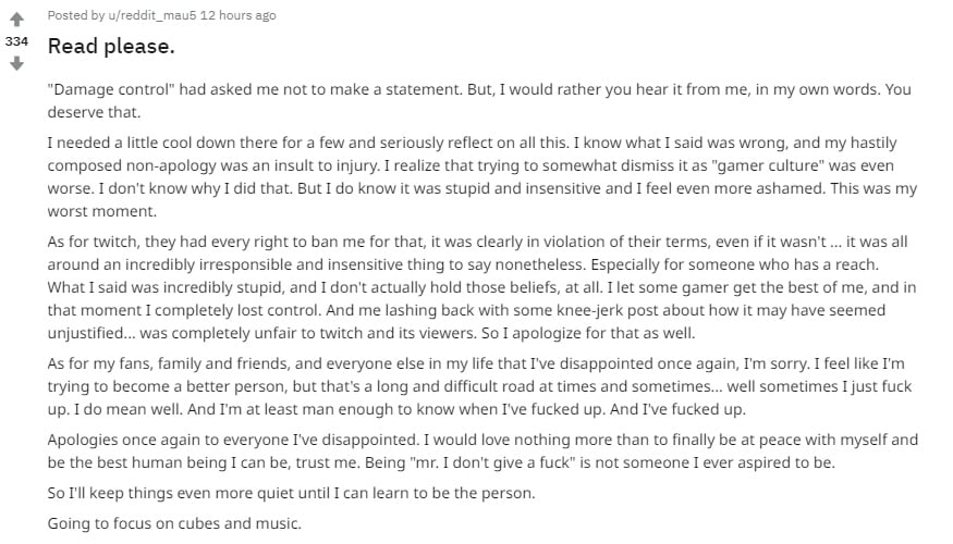 Deadmau5 Twitch statement on Reddit