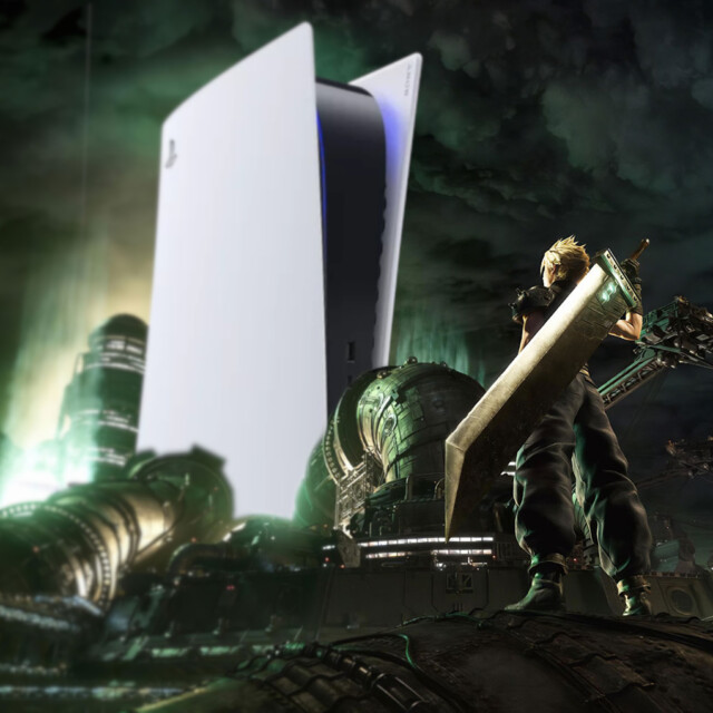 Cloud Strife looking at a PlayStation 5 the size of the Shinra building